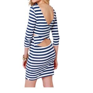 Billabong Navy White Stripe Cutout Back 3/4 Sleeve Bodycon Dress Size M